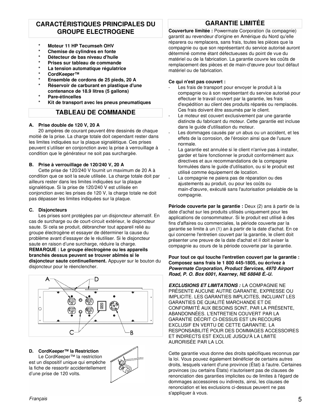 Powermate PMC525502 manual Caractéristiques Principales DU Groupe Electrogene, Tableau DE Commande, Garantie Limitée 