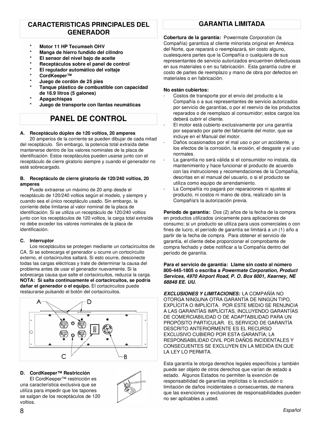 Powermate PMC525502 manual Panel DE Control, Caracteristicas Principales DEL Generador, Garantia Limitada, Interruptor 