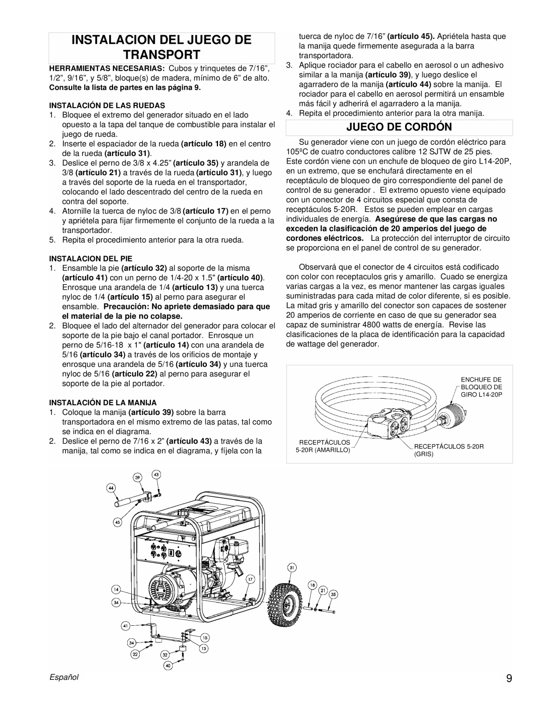 Powermate PMC525502 manual Instalacion DEL Juego DE Transport, Juego DE Cordón 