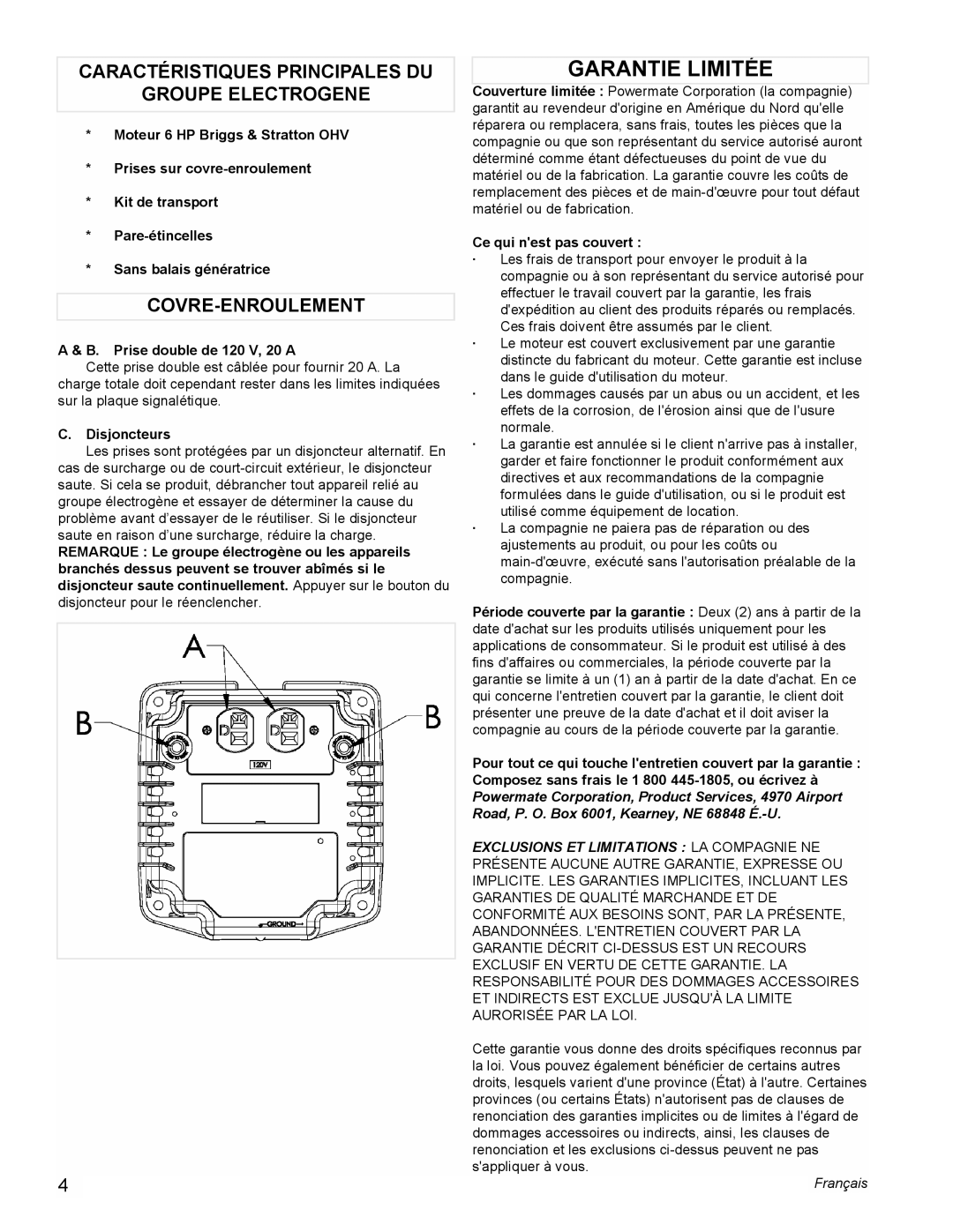 Powermate PMC543000 Garantie Limitée, Caractéristiques Principales Du, Groupe Electrogene, Covre-Enroulement, Français 