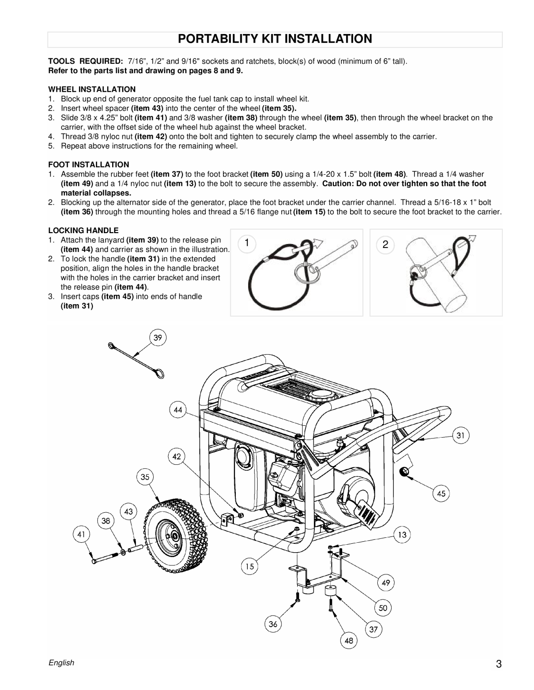 Powermate PMC543250 manual Portability Kit Installation, Wheel Installation, Foot Installation, Locking Handle, English 