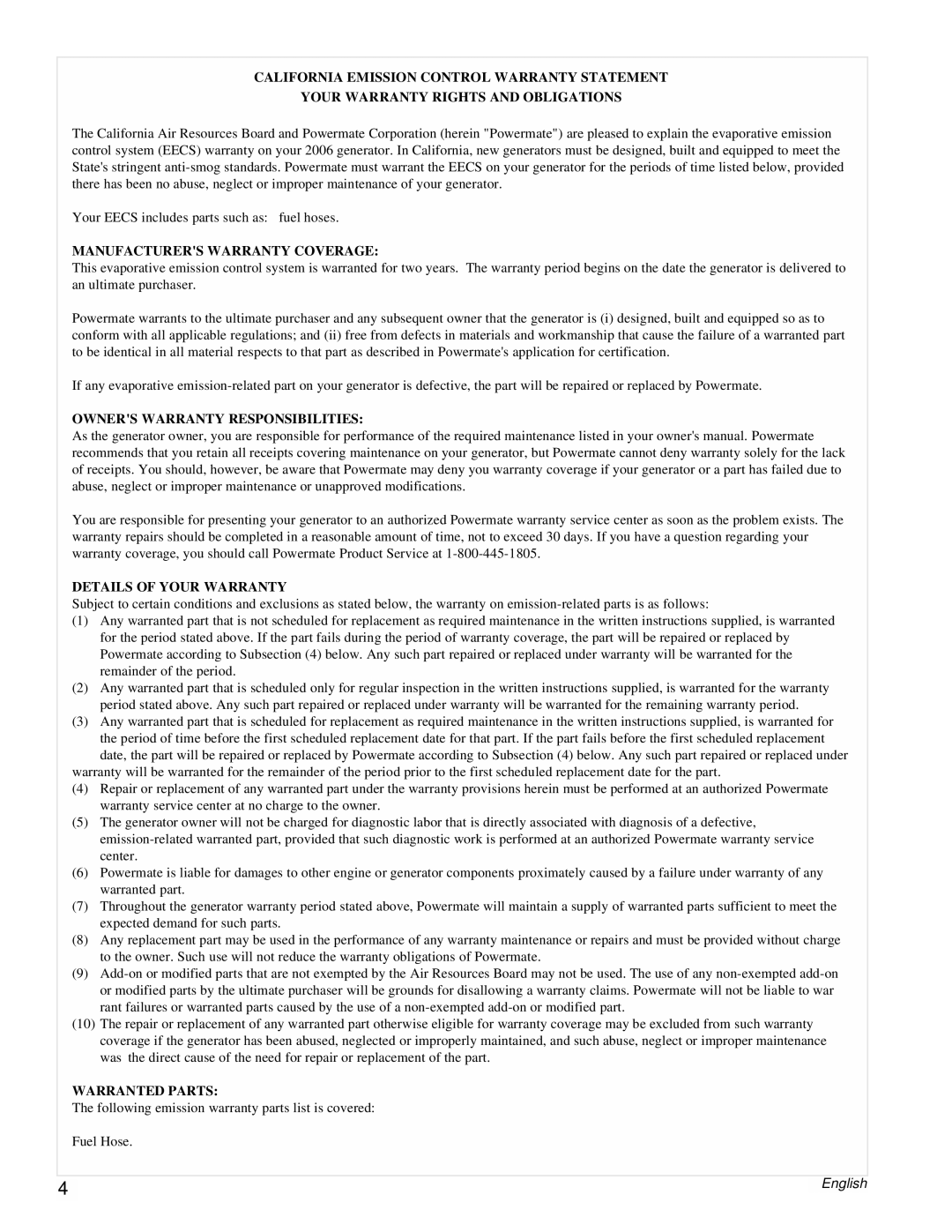 Powermate PMC543250 California Emission Control Warranty Statement, Your Warranty Rights And Obligations, Warranted Parts 