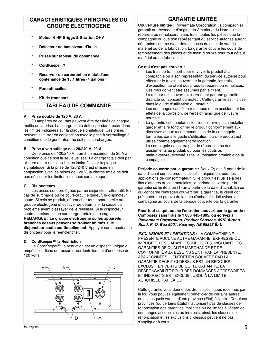 Powermate PMC543250 Caractéristiques Principales Du, Groupe Electrogene, Tableau De Commande, Garantie Limitée, Français 