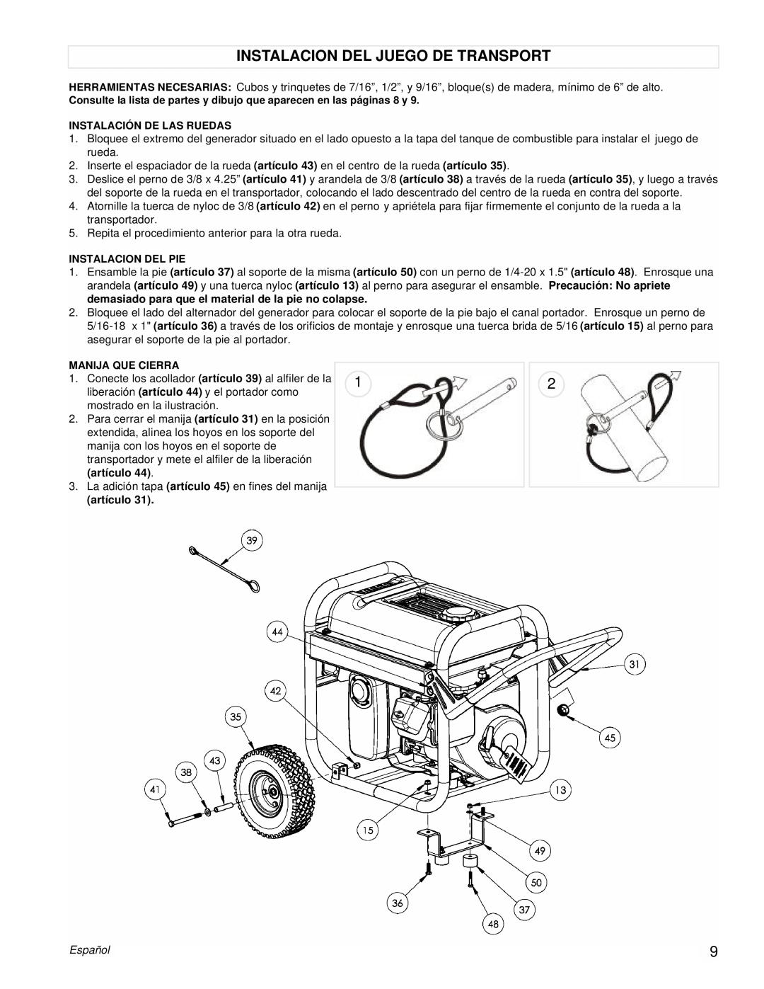 Powermate PMC543250 manual Instalacion Del Juego De Transport, artículo, Español 