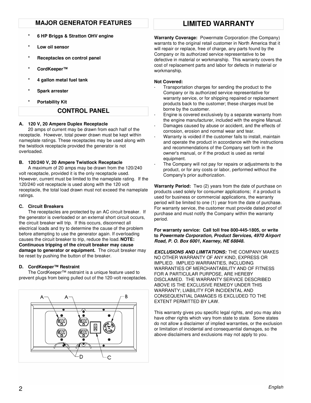 Powermate PMC543250 manual Major Generator Features, Control Panel 