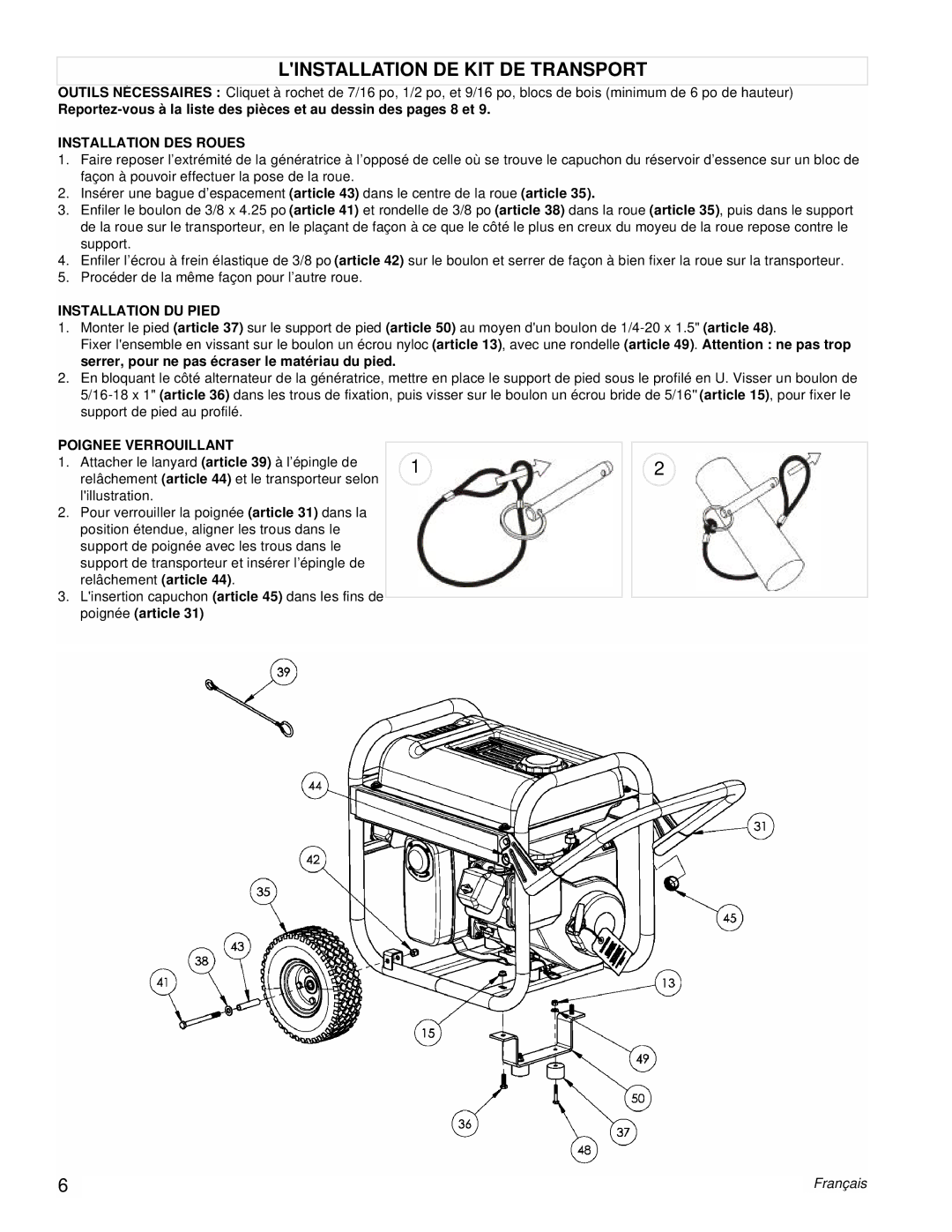 Powermate PMC543250 manual Linstallation DE KIT DE Transport, Installation DES Roues 