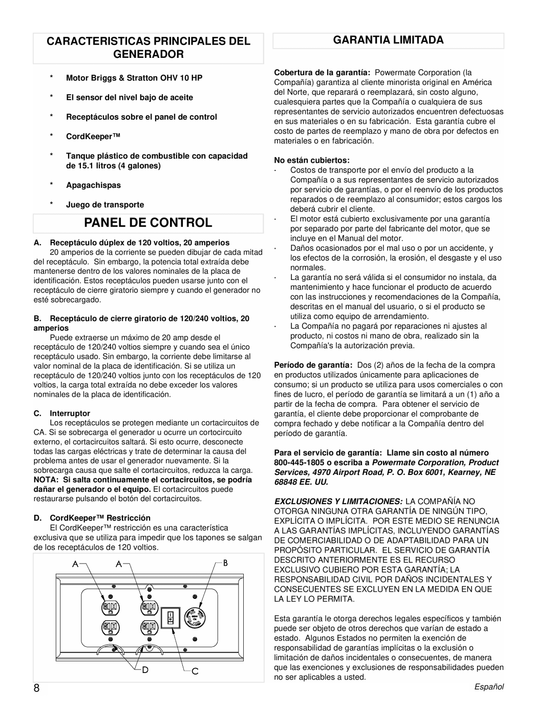 Powermate PMC543250 manual Panel DE Control, Caracteristicas Principales DEL Garantia Limitada Generador 