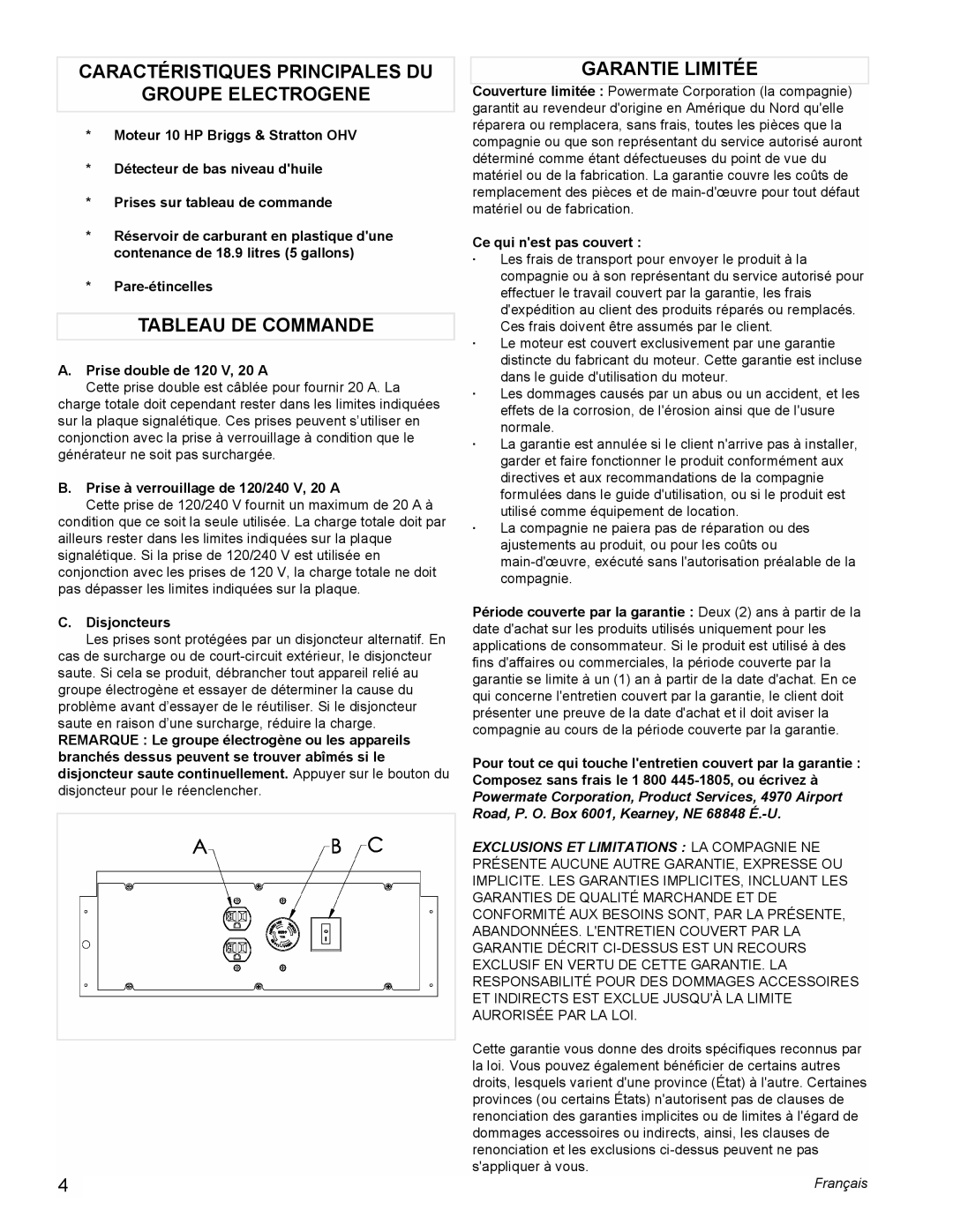 Powermate PMC545004 Caractéristiques Principales Du, Groupe Electrogene, Tableau De Commande, Garantie Limitée, Français 