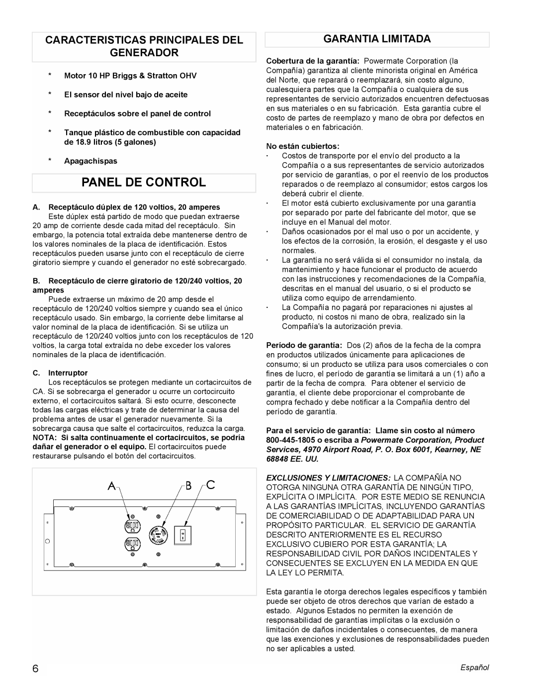 Powermate PMC545004 manual Panel De Control, Caracteristicas Principales Del Generador, Garantia Limitada 