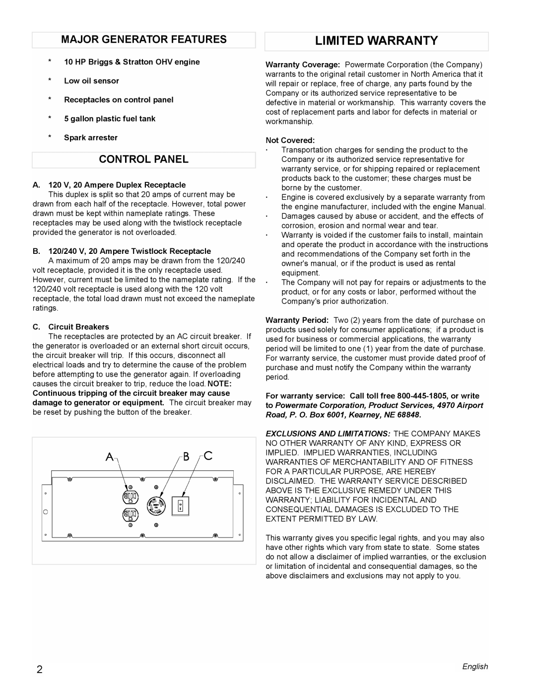 Powermate PMC545004 manual Major Generator Features, Control Panel 