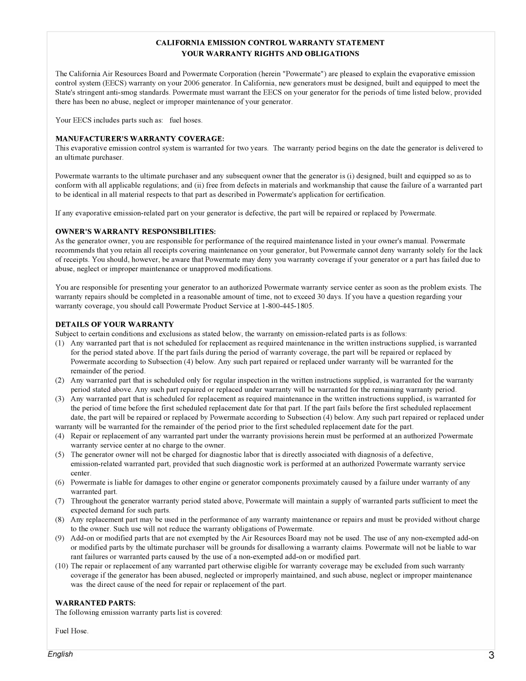 Powermate PMC545004 manual Warranted Parts 