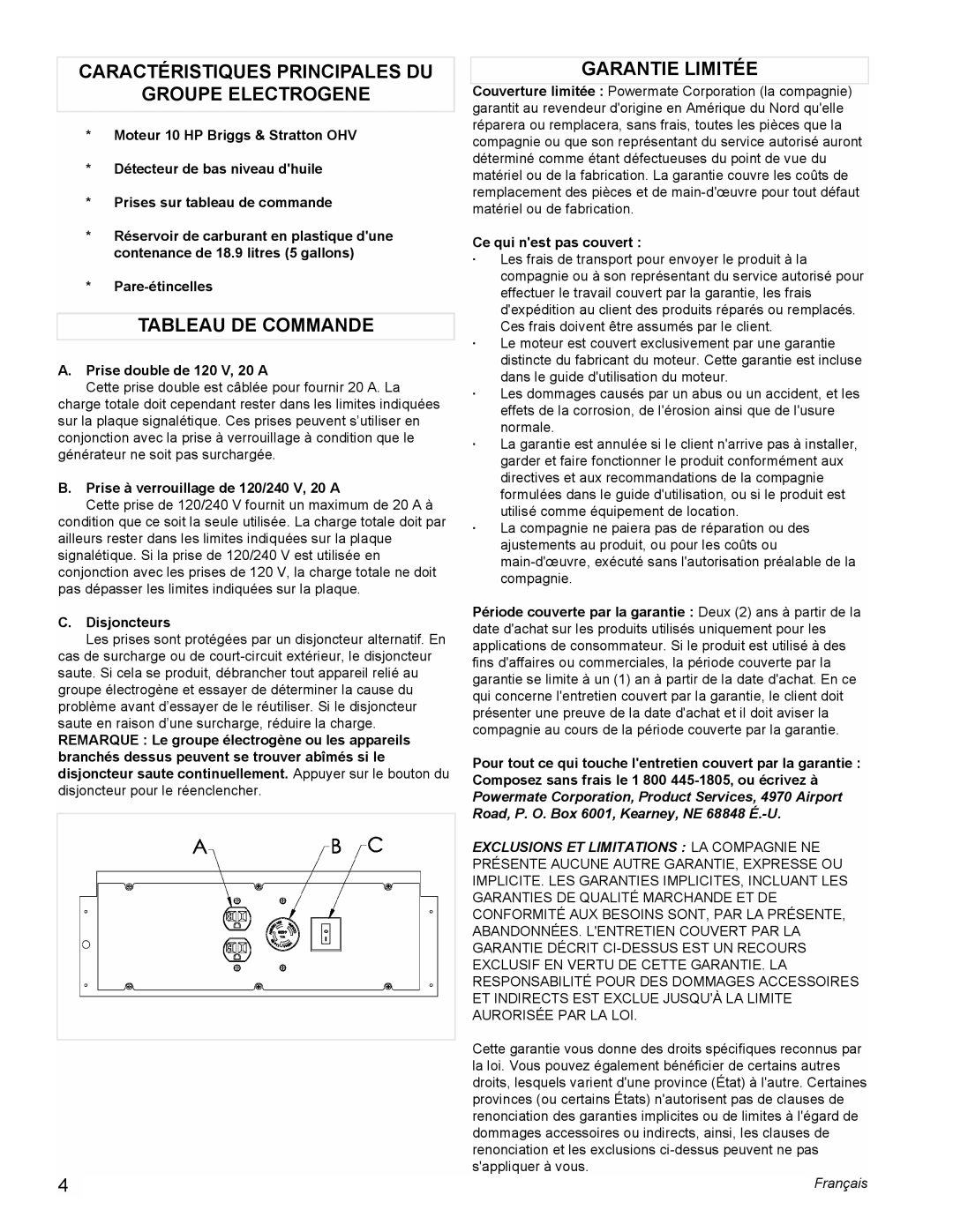 Powermate PMC545004 manual Caractéristiques Principales DU Groupe Electrogene, Tableau DE Commande, Garantie Limitée 