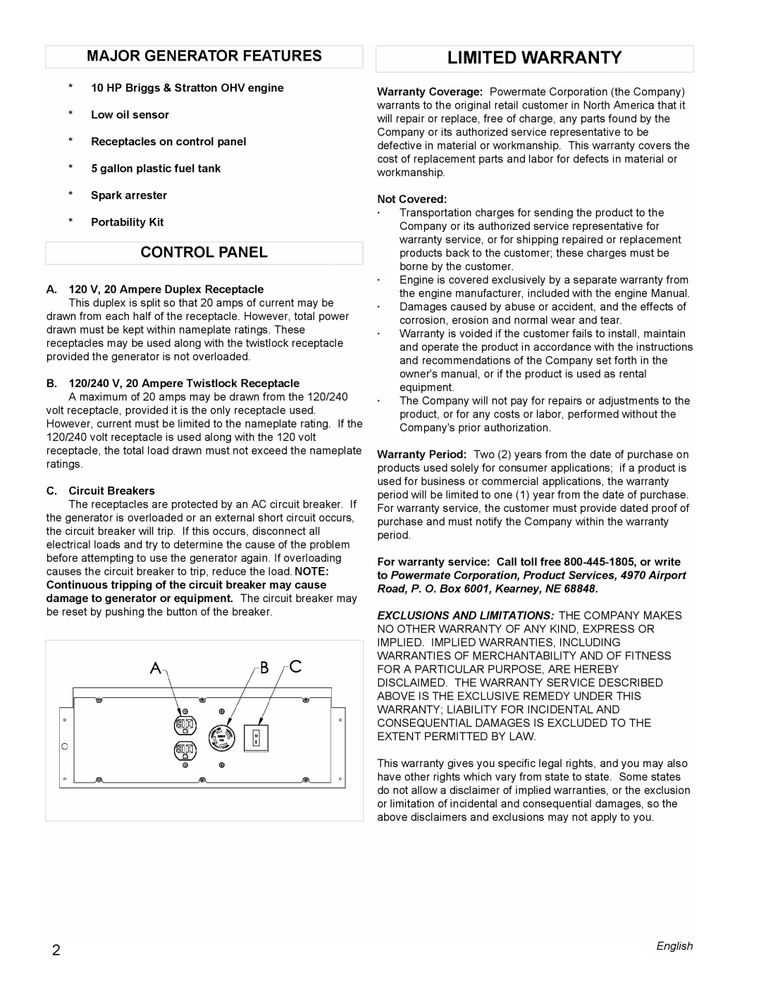 Powermate PMC545006 manual Major Generator Features, Control Panel 