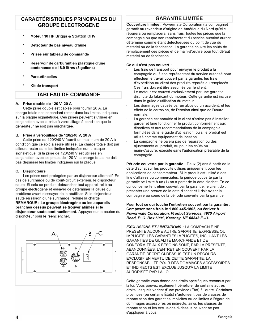 Powermate PMC545006 manual Caractéristiques Principales DU Groupe Electrogene, Tableau DE Commande, Garantie Limitée 