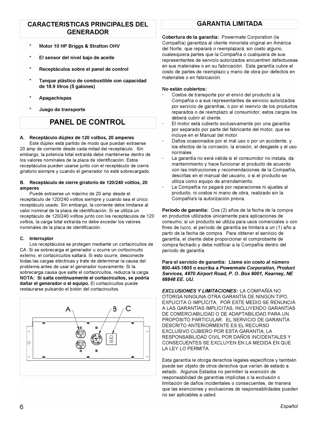 Powermate PMC545006 manual Caracteristicas Principales DEL Generador, Garantia Limitada, Interruptor 