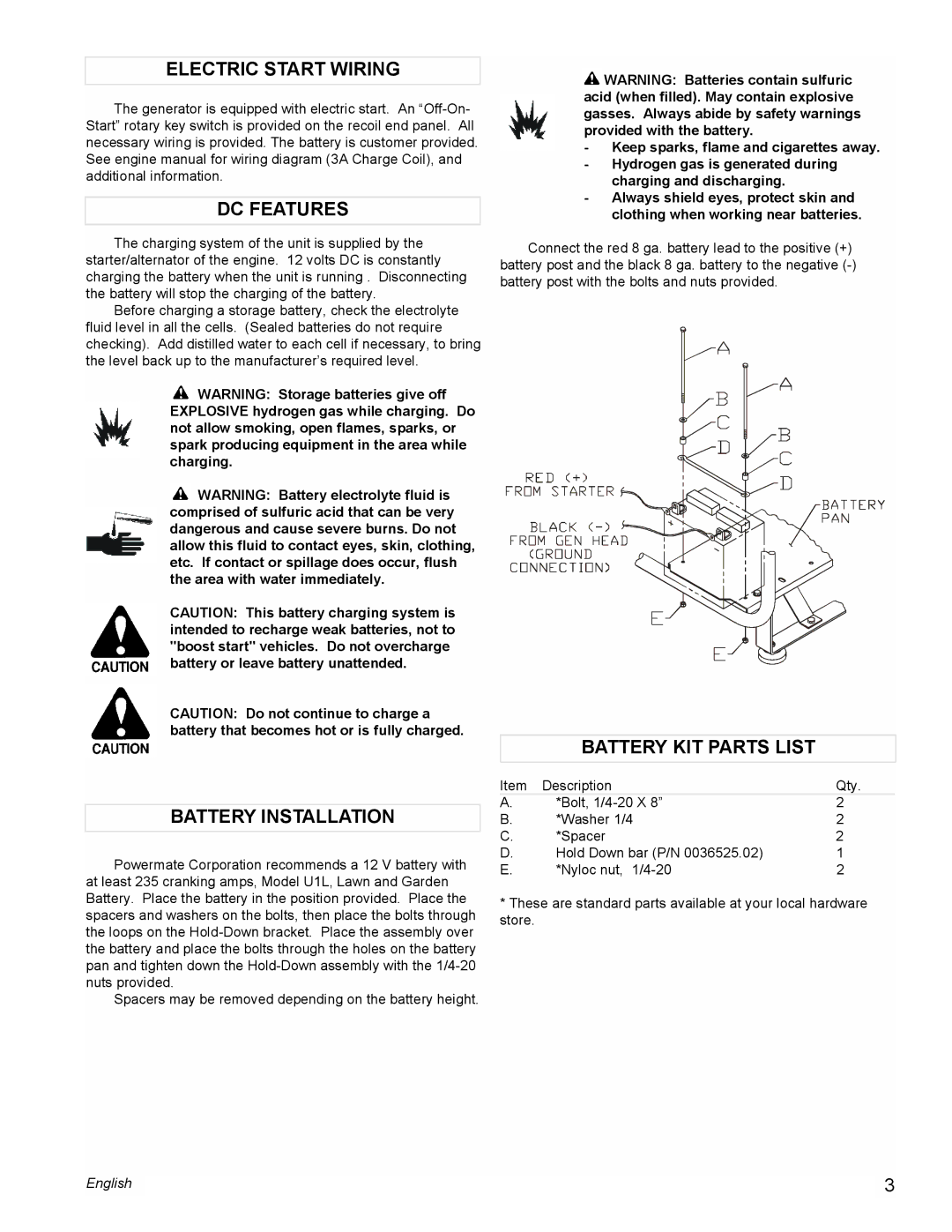 Powermate PMC601100 manual Electric Start Wiring, DC Features, Battery Installation, Battery KIT Parts List 