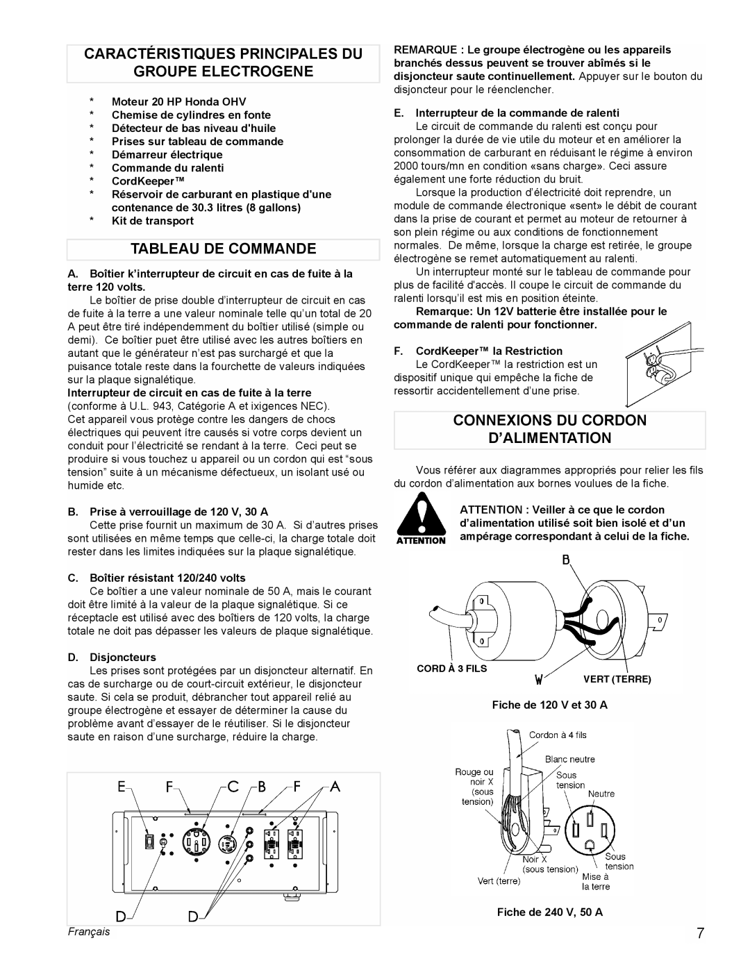 Powermate PMC601100 manual Caractéristiques Principales DU Groupe Electrogene, Tableau DE Commande 