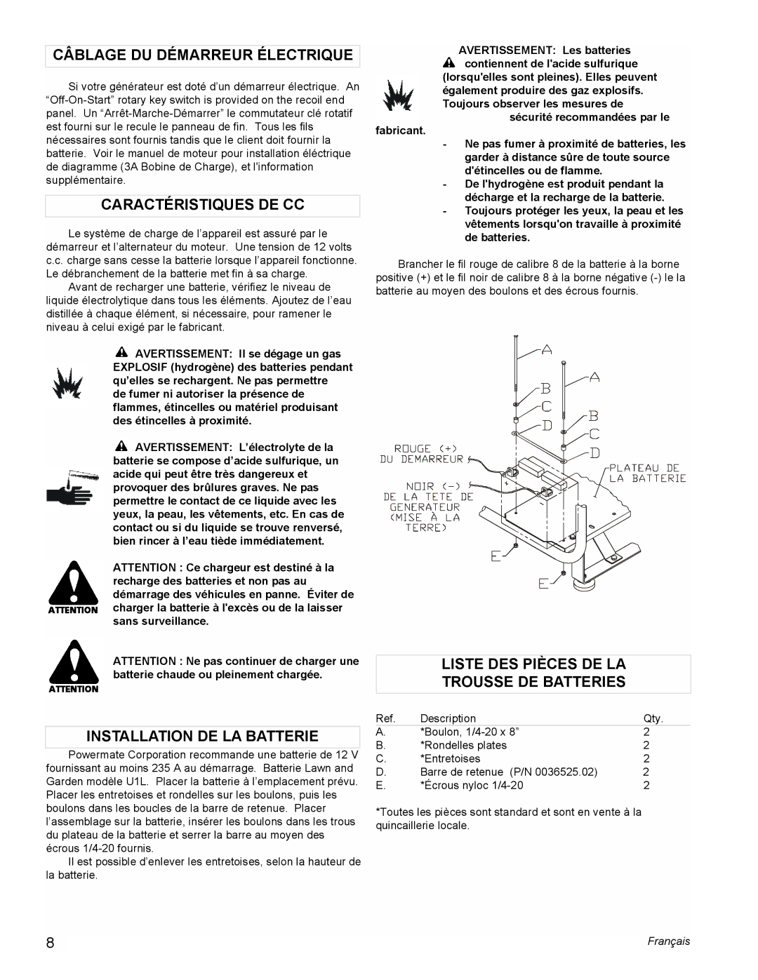 Powermate PMC601100 manual Câblage DU Démarreur Électrique, Caractéristiques DE CC, Installation DE LA Batterie 