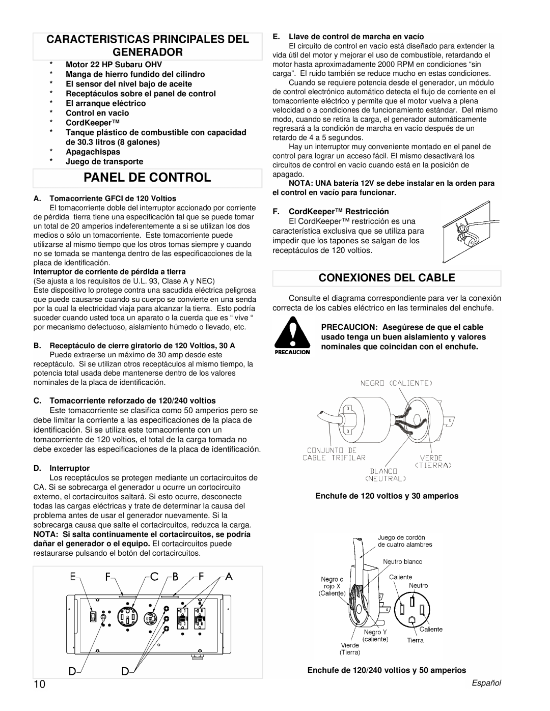 Powermate PMC601200 manual Panel De Control, Caracteristicas Principales Del Generador, Conexiones Del Cable 