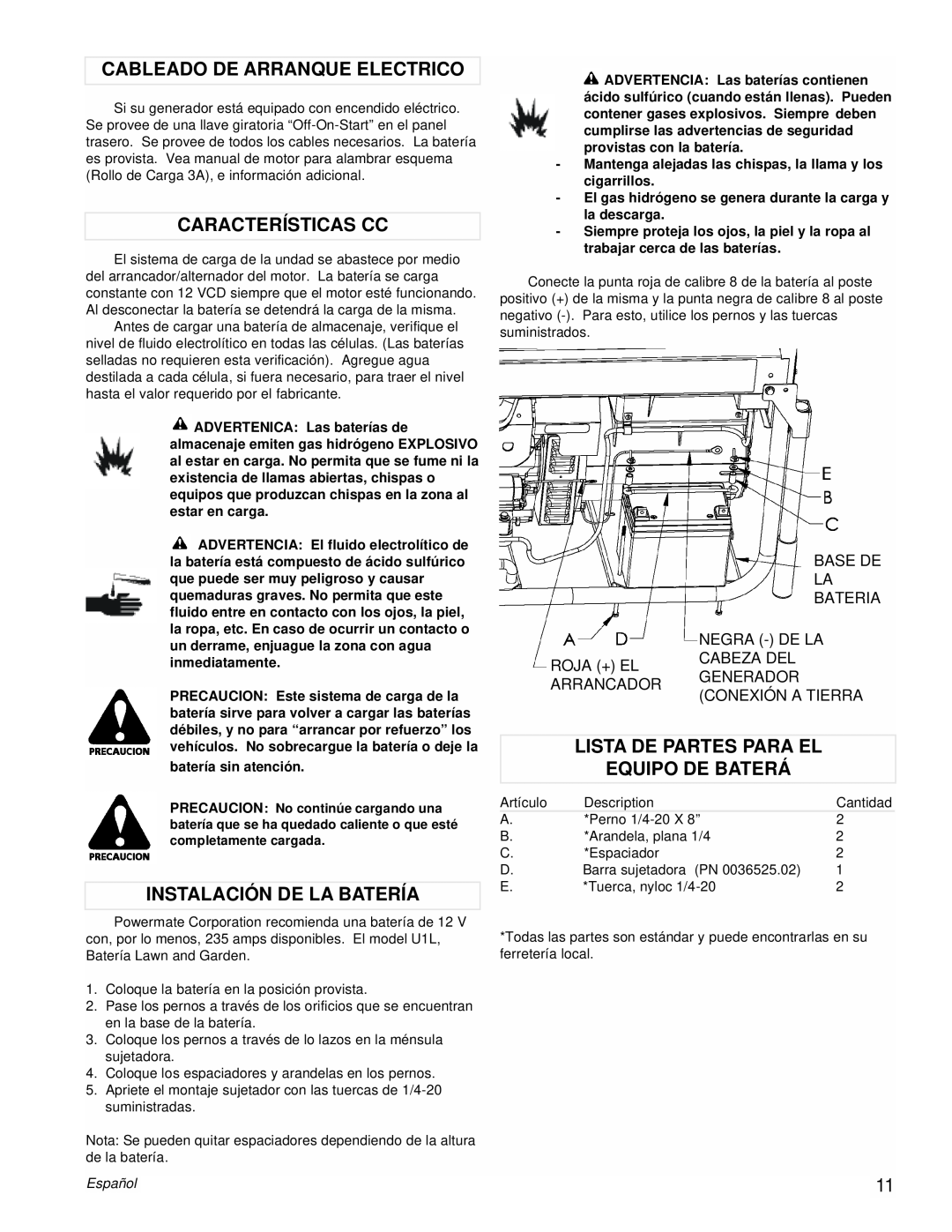 Powermate PMC601200 manual Cableado De Arranque Electrico, Características Cc, Instalación De La Batería, Español 