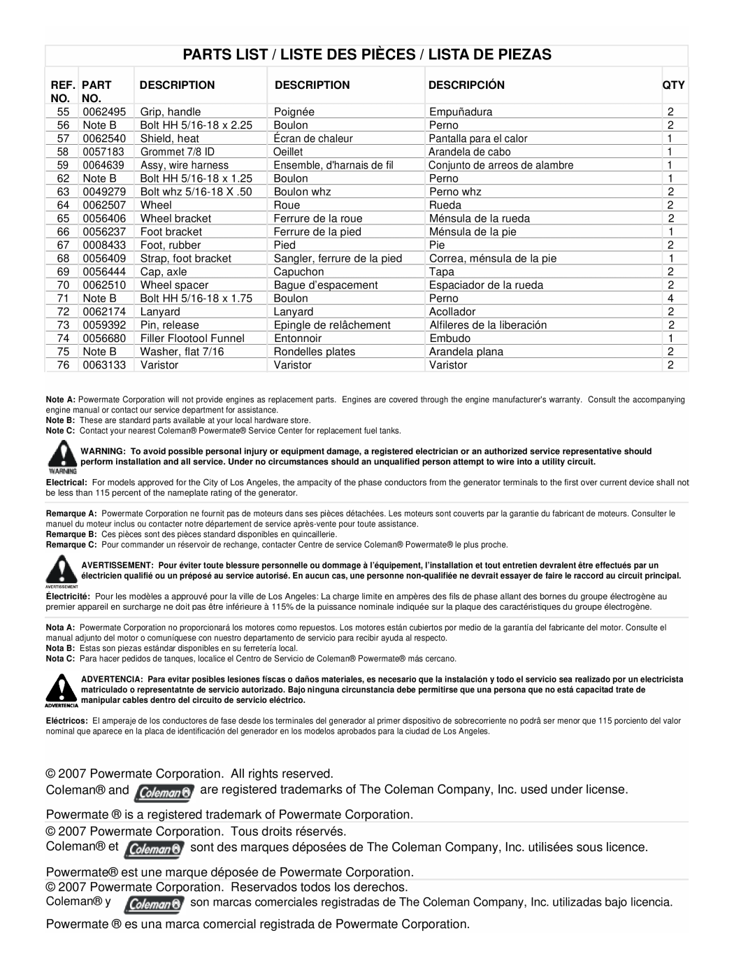 Powermate PMC601200 manual Parts List / Liste Des Pièces / Lista De Piezas 