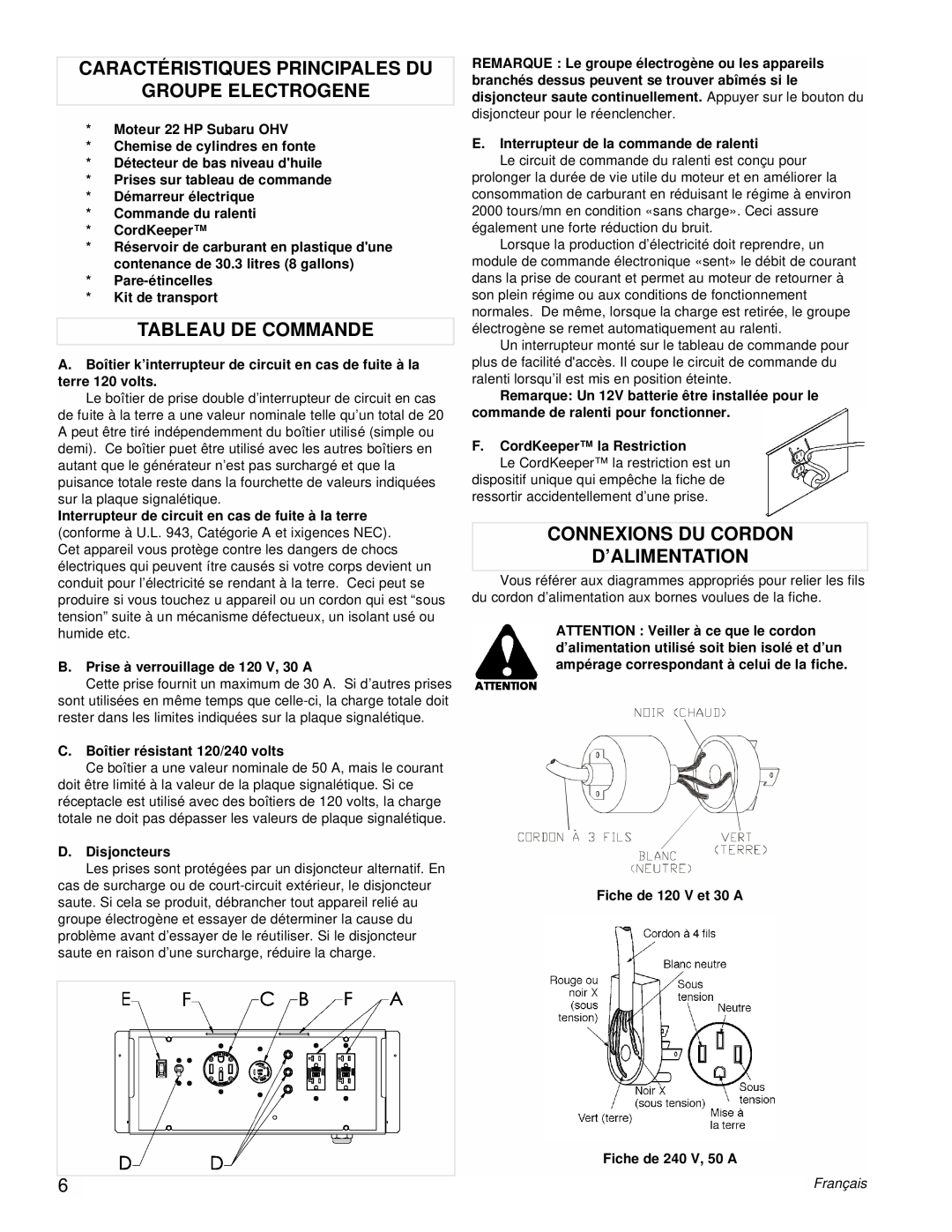 Powermate PMC601200 manual Caractéristiques Principales Du Groupe Electrogene, Tableau De Commande, Français 