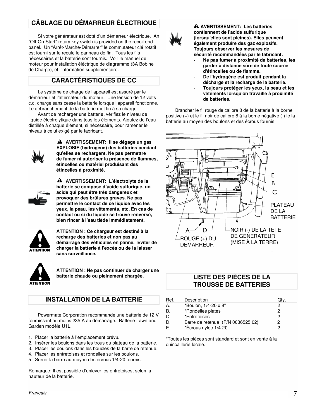Powermate PMC601200 manual Câblage Du Démarreur Électrique, Caractéristiques De Cc, Installation De La Batterie, Français 