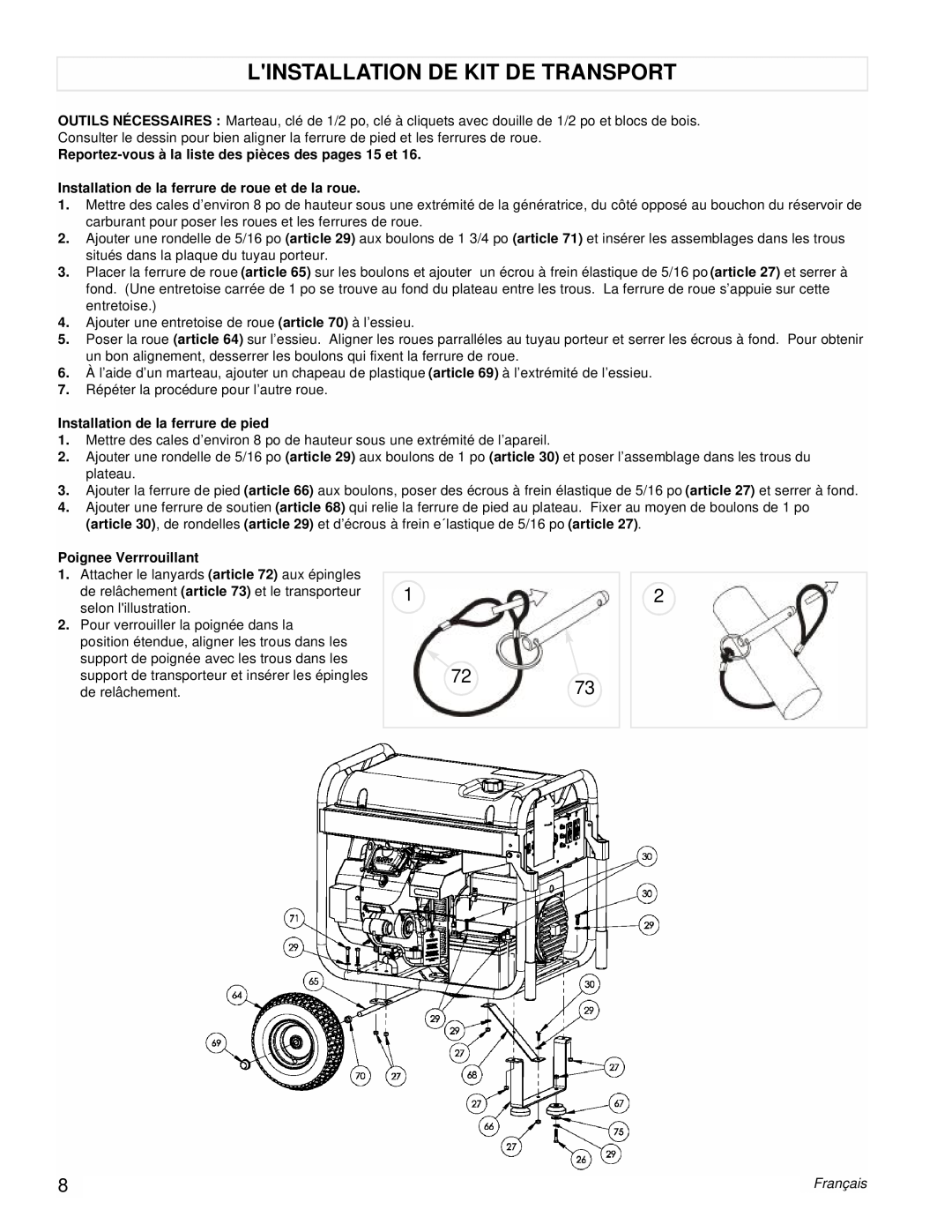 Powermate PMC601200 manual Linstallation De Kit De Transport, Reportez-vous à la liste des pièces des pages 15 et, Français 