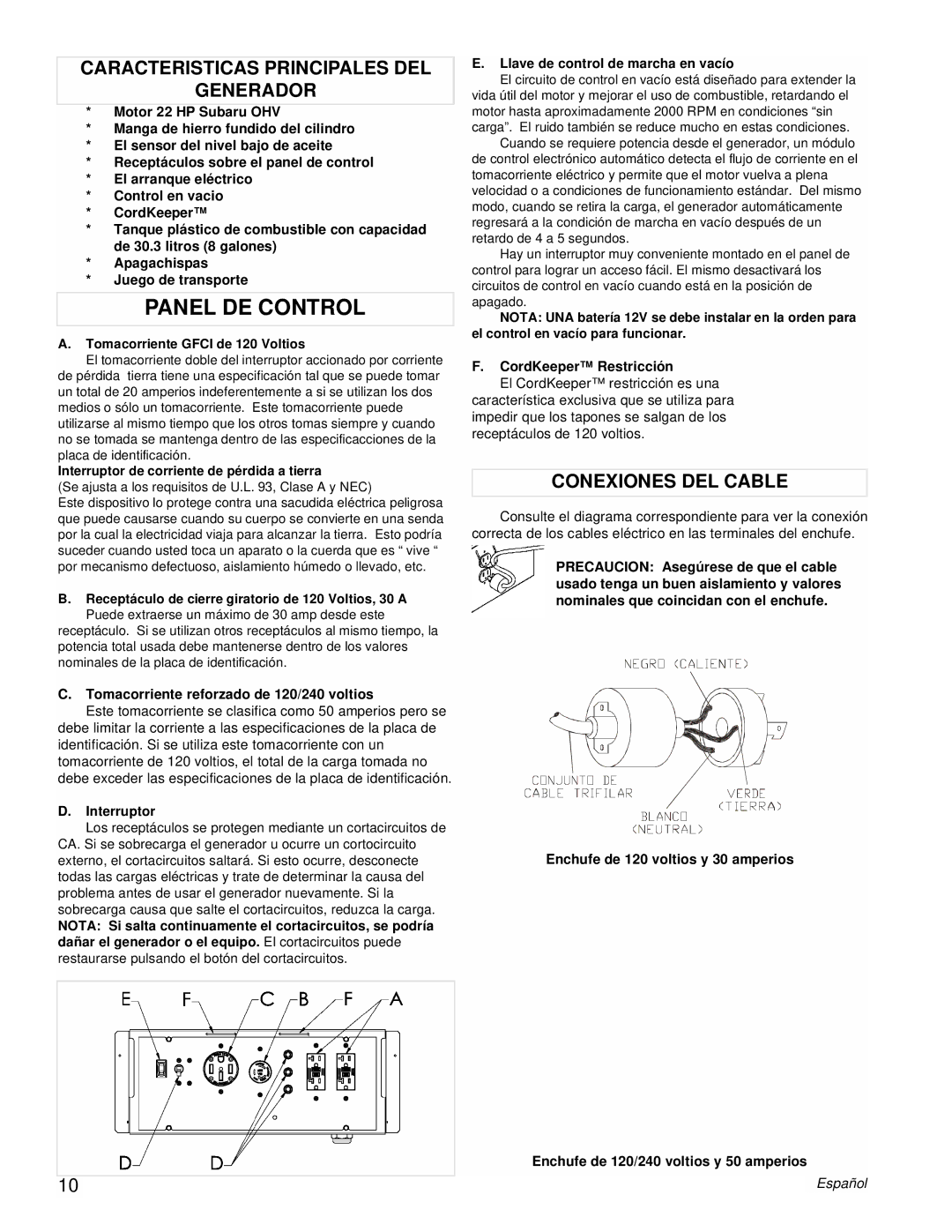 Powermate PMC601200 manual Panel DE Control, Caracteristicas Principales DEL Generador, Conexiones DEL Cable 