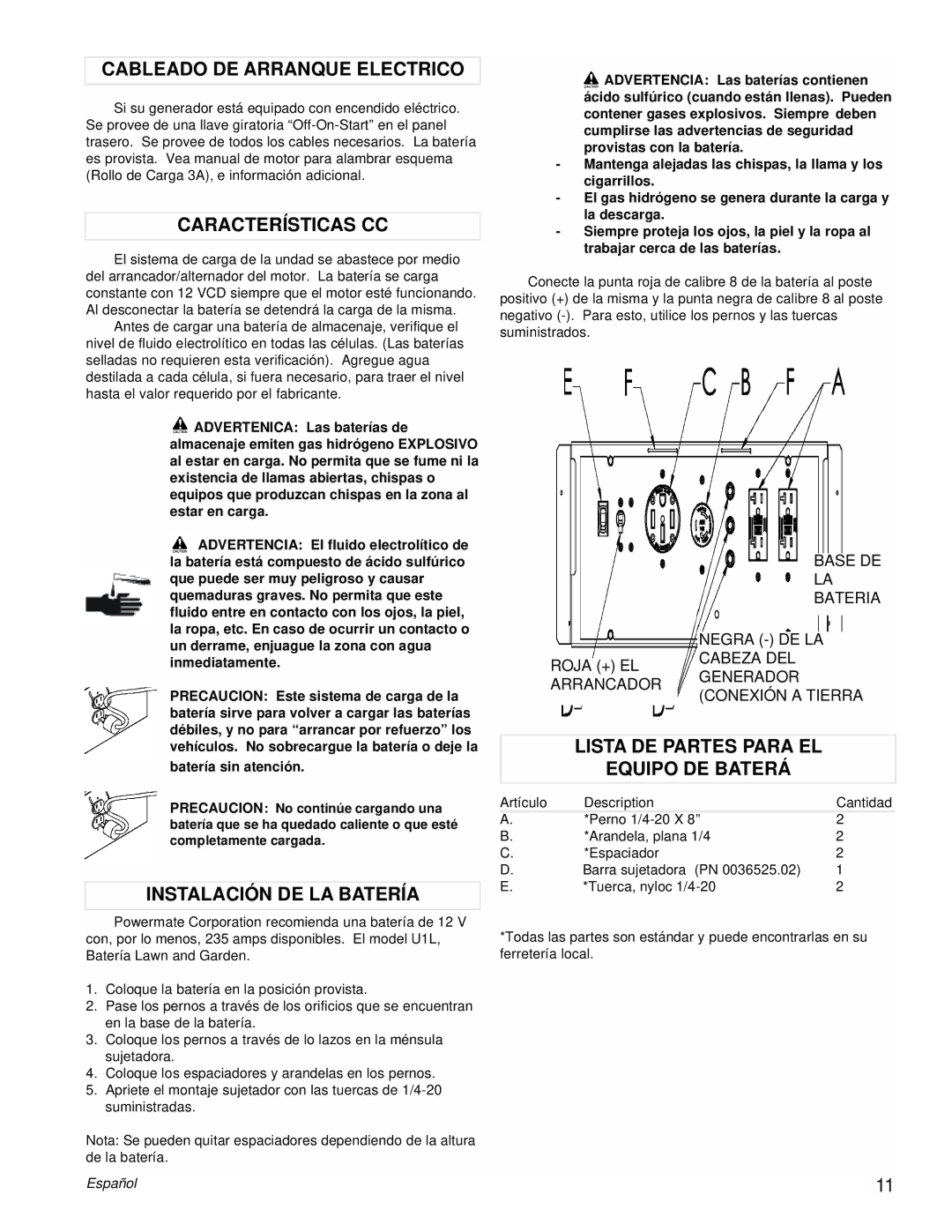 Powermate PMC601200 manual Cableado DE Arranque Electrico, Características CC, Instalación DE LA Batería 