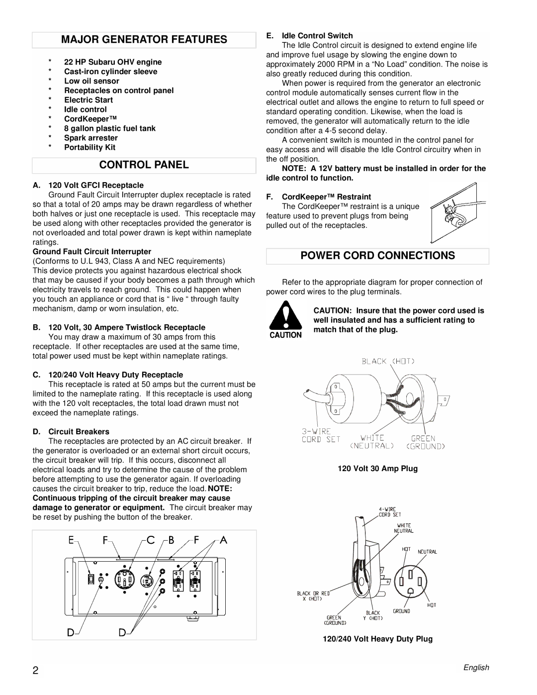 Powermate PMC601200 manual Major Generator Features, Control Panel, Power Cord Connections 