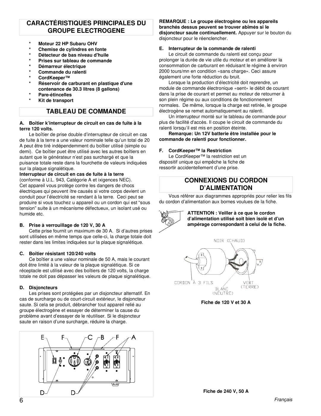 Powermate PMC601200 manual Caractéristiques Principales DU Groupe Electrogene, Tableau DE Commande 