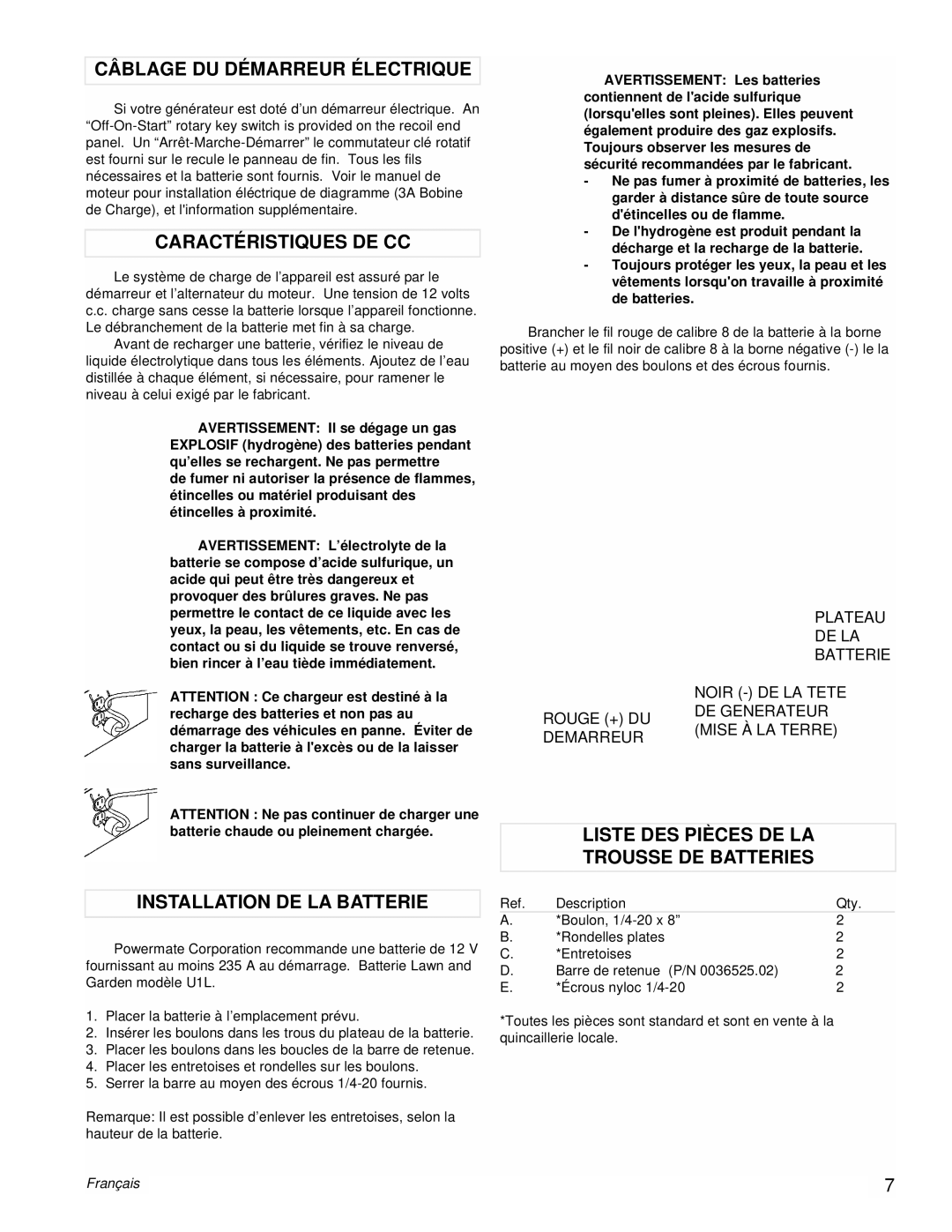 Powermate PMC601200 manual Câblage DU Démarreur Électrique, Caractéristiques DE CC, Installation DE LA Batterie 