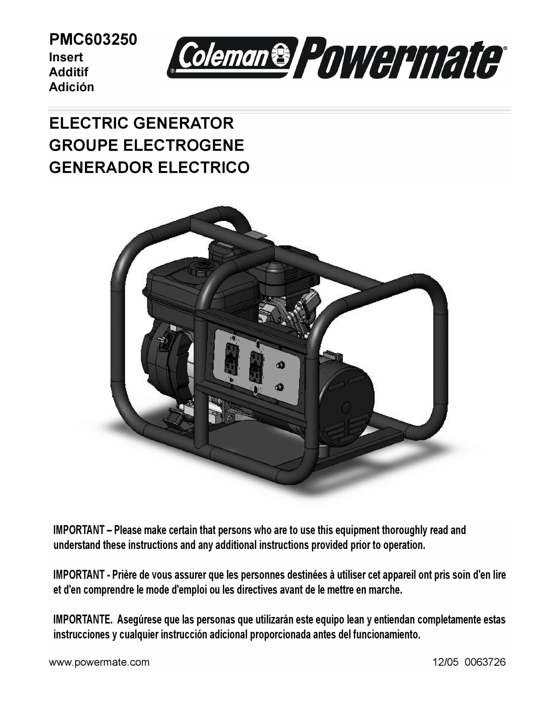 Powermate PMC603250 manual Electric Generator Groupe Electrogene, Generador Electrico, Insert Additif Adición, 12/05 