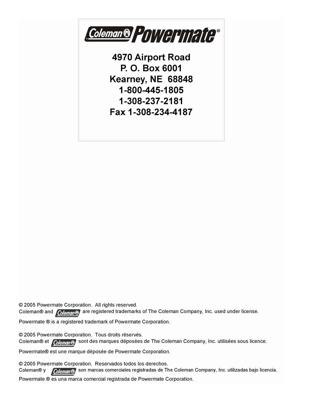 Powermate PMC603250 manual Airport Road P. O. Box Kearney, NE, 1-800-445-1805 1-308-237-2181 Fax 