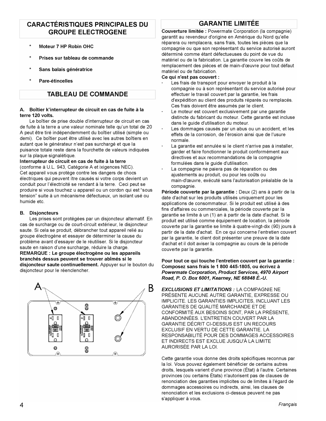 Powermate PMC603250 Caractéristiques Principales Du, Groupe Electrogene, Tableau De Commande, Garantie Limitée, Français 