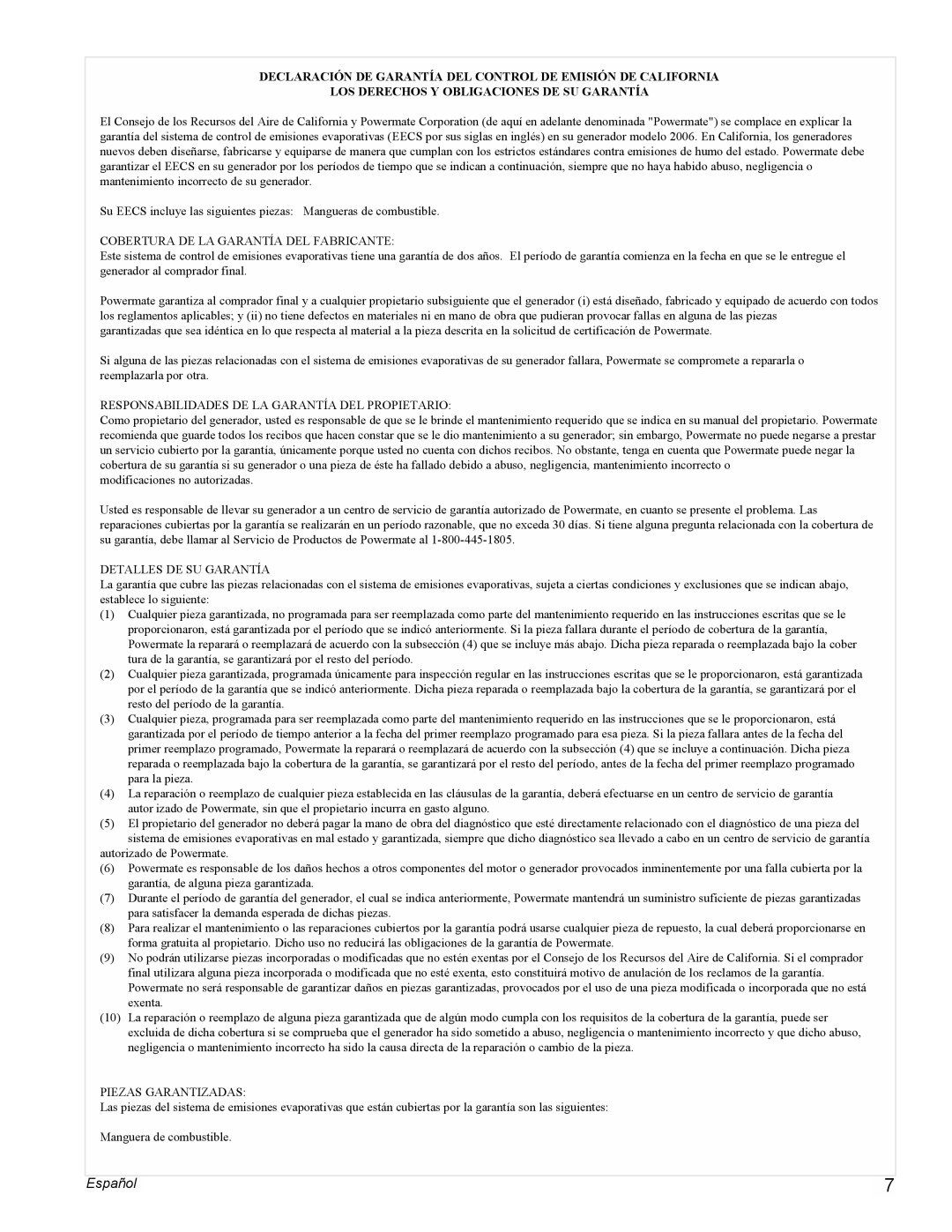 Powermate PMC603250 manual Español, Los Derechos Y Obligaciones De Su Garantía 