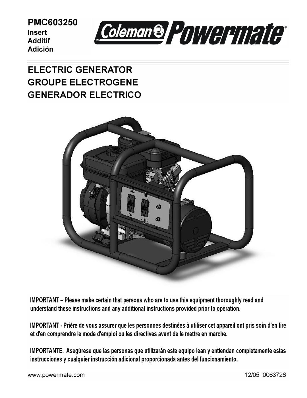 Powermate PMC603250 manual Electric Generator Groupe Electrogene Generador Electrico 