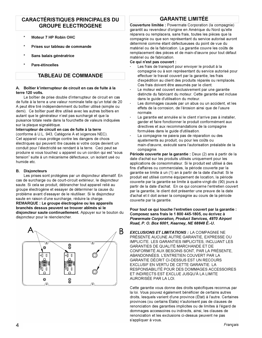 Powermate PMC603250 manual Caractéristiques Principales DU Groupe Electrogene, Tableau DE Commande, Garantie Limitée 