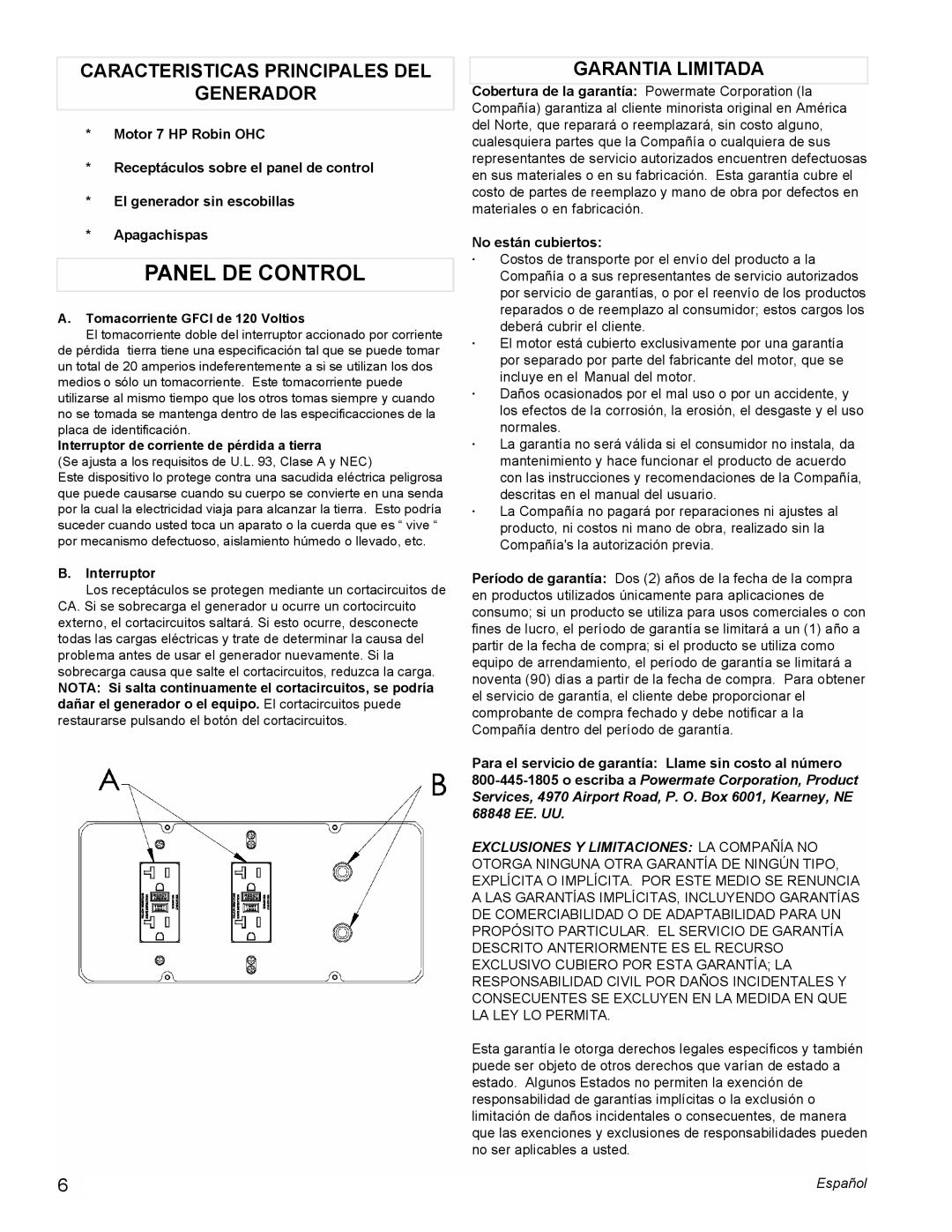 Powermate PMC603250 manual Caracteristicas Principales DEL Generador, Garantia Limitada, Interruptor 