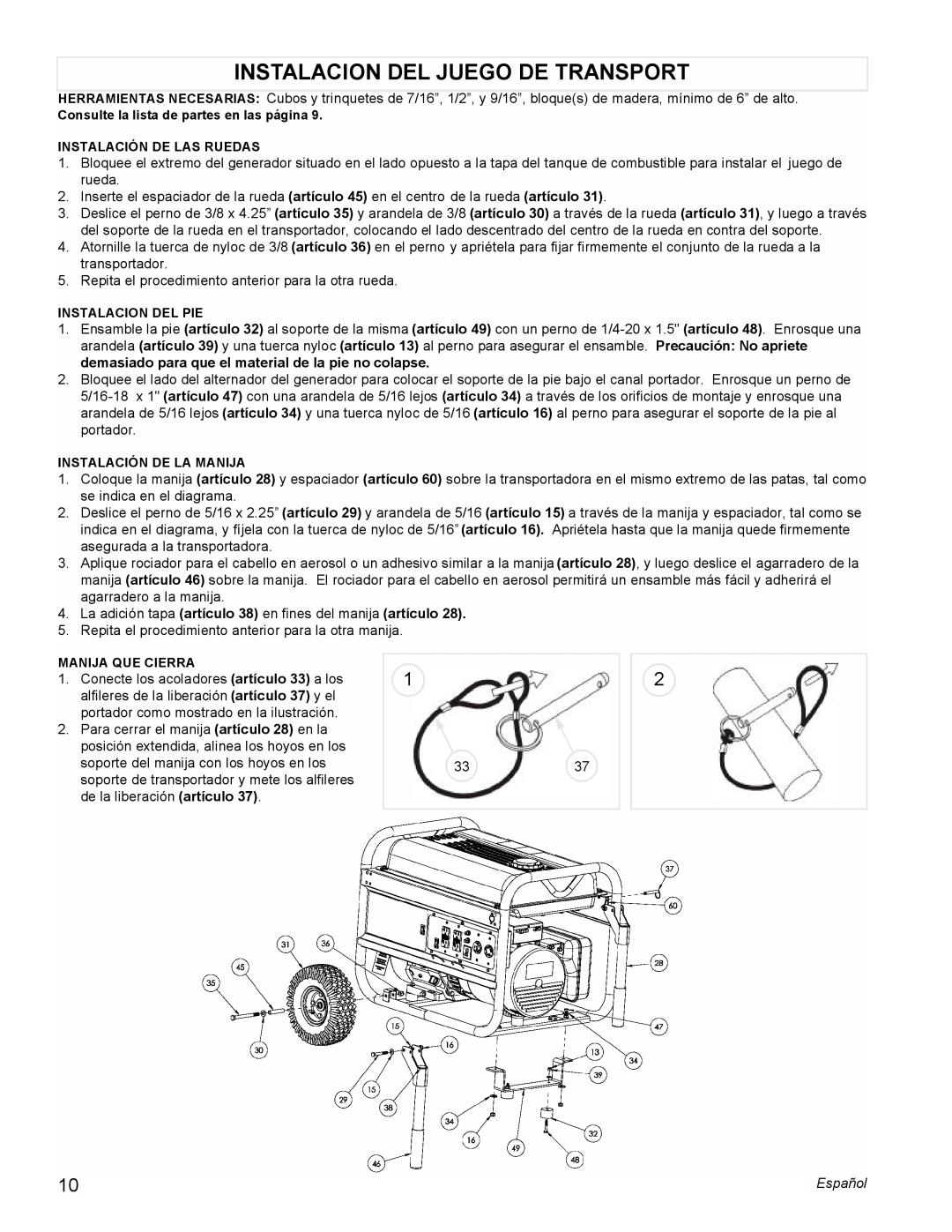 Powermate PMC605000 manual Instalacion Del Juego De Transport, Español 