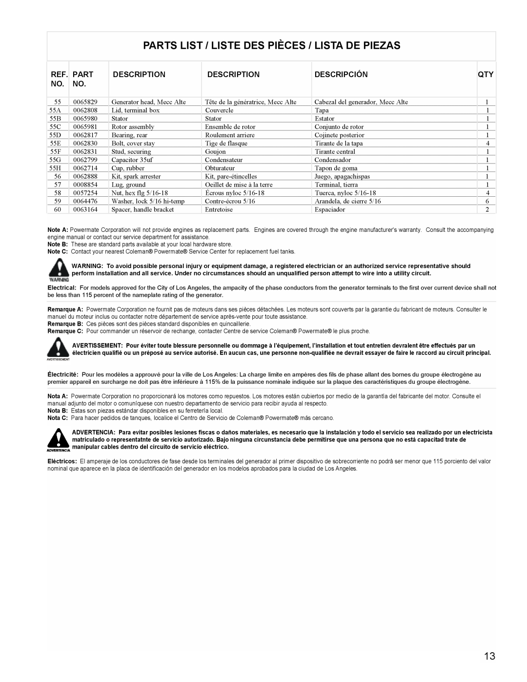 Powermate PMC605000 manual Parts List / Liste Des Pièces / Lista De Piezas, Description, Descripción 