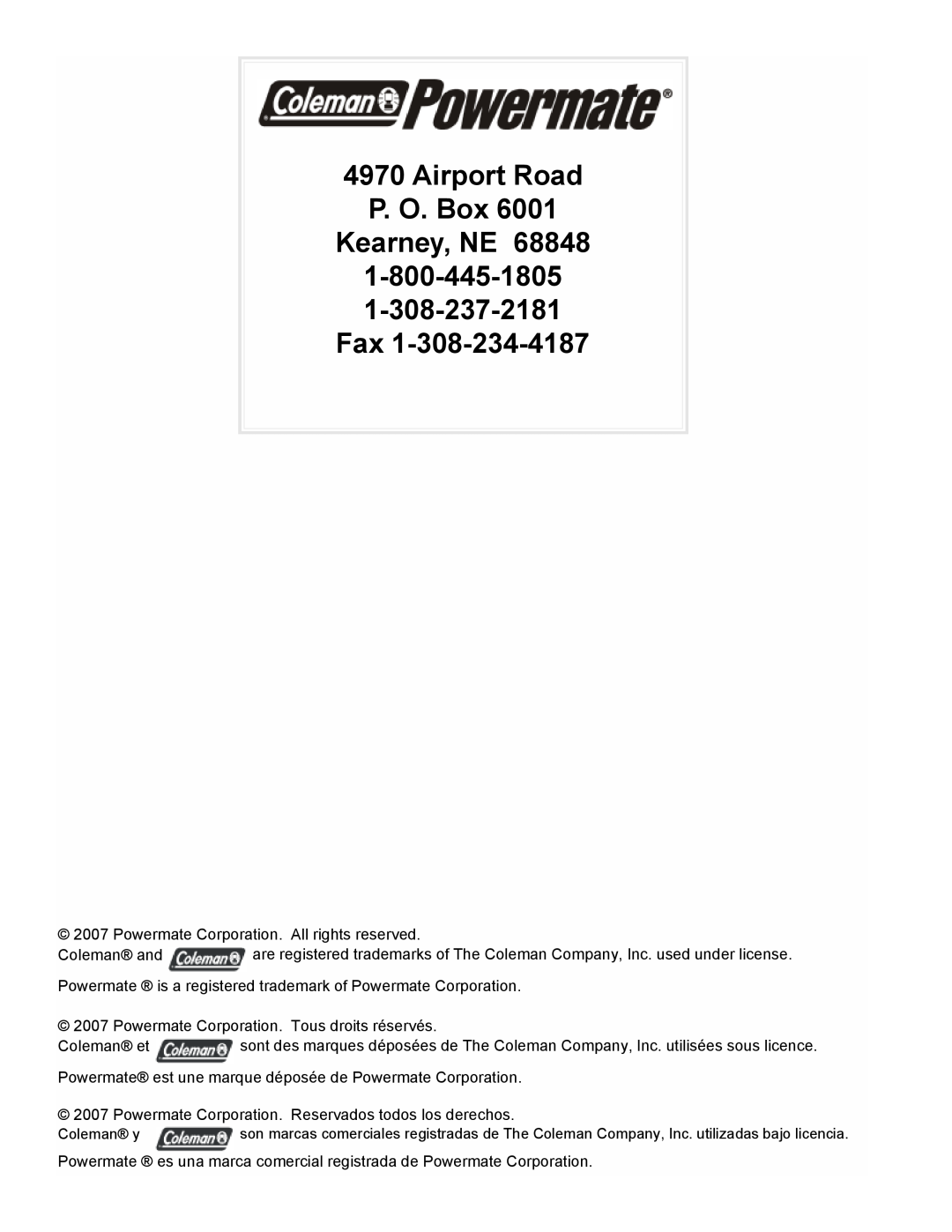 Powermate PMC605000 manual Airport Road P. O. Box Kearney, NE, 1-800-445-1805 1-308-237-2181 Fax 