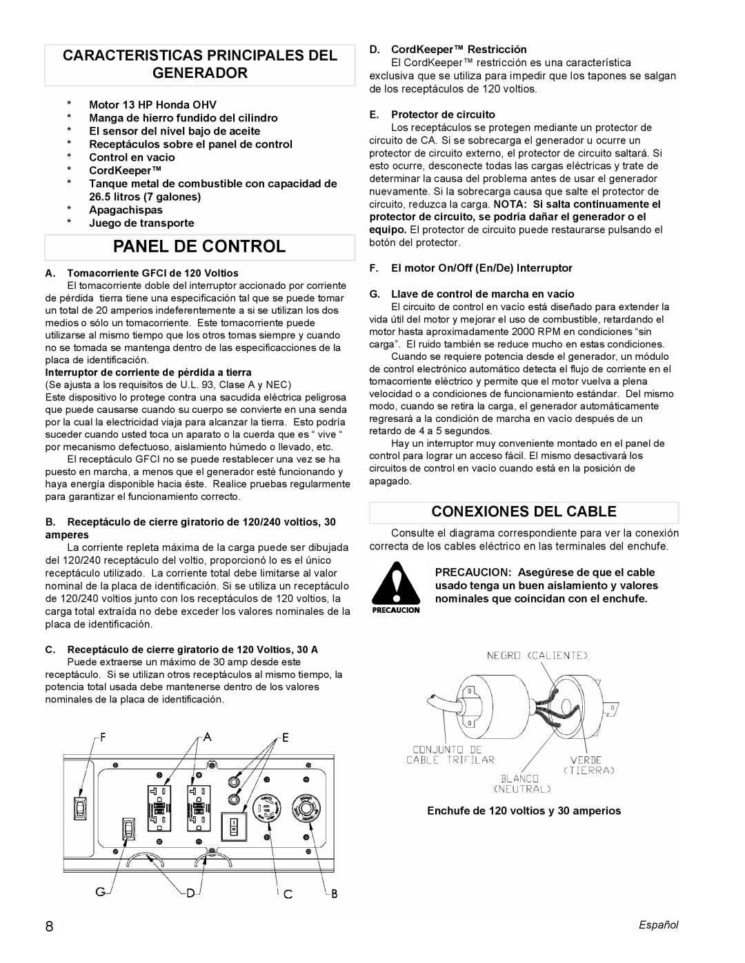 Powermate PMC605000 manual Panel De Control, Caracteristicas Principales Del Generador, Conexiones Del Cable 