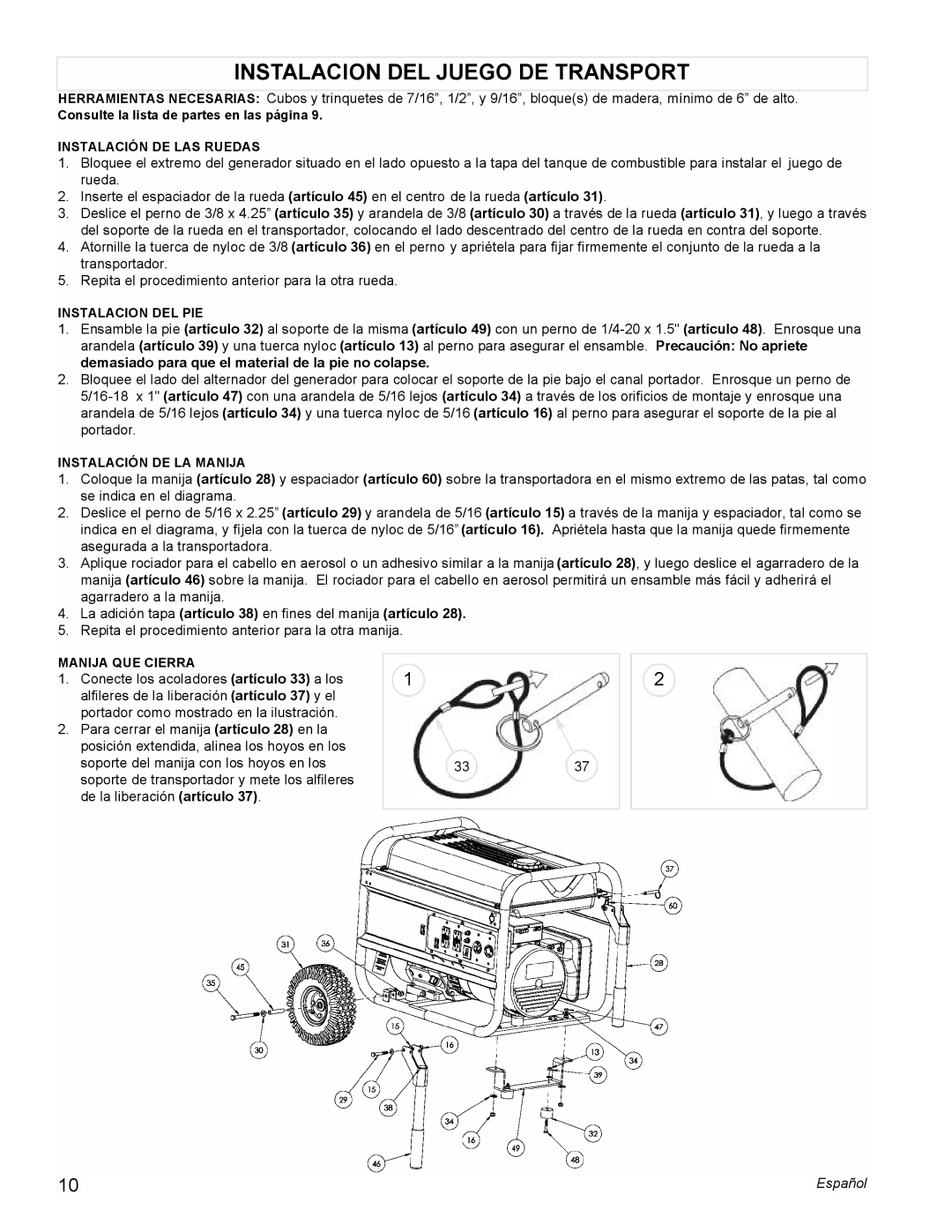 Powermate PMC605000 manual Instalacion DEL Juego DE Transport 