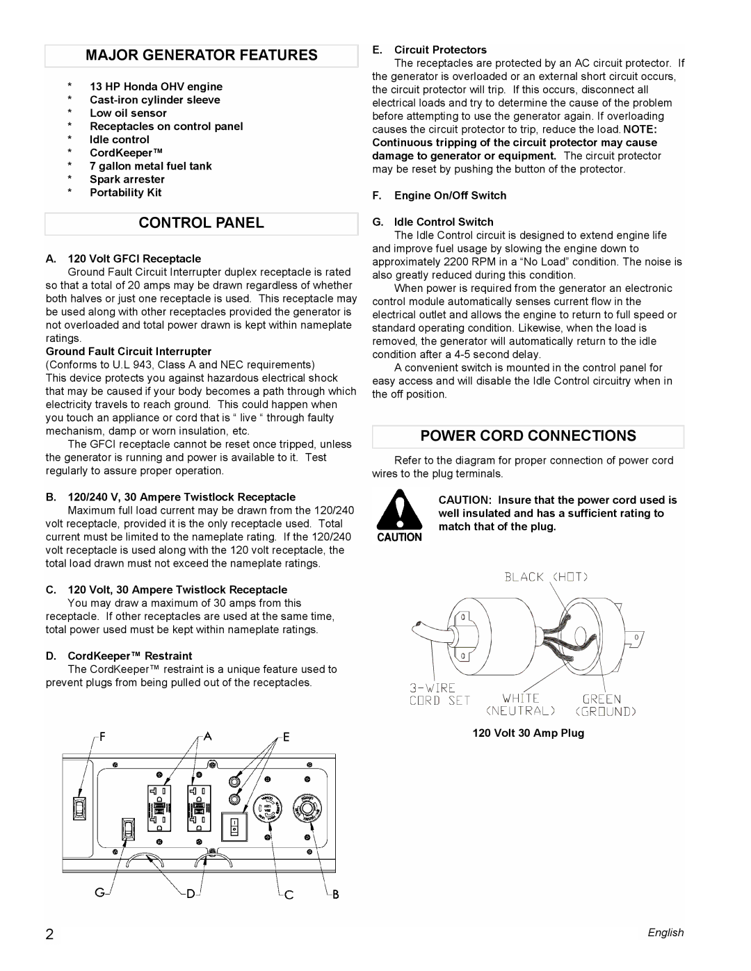 Powermate PMC605000 manual Major Generator Features, Control Panel, Power Cord Connections 