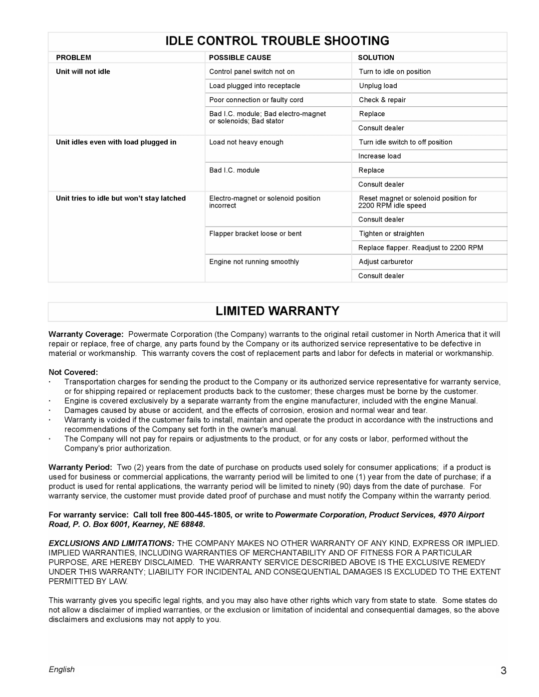 Powermate PMC605000 manual Idle Control Trouble Shooting, Limited Warranty, Not Covered 