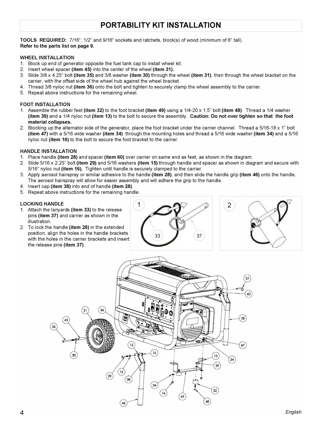 Powermate PMC605000 manual Portability KIT Installation, Refer to the parts list on 