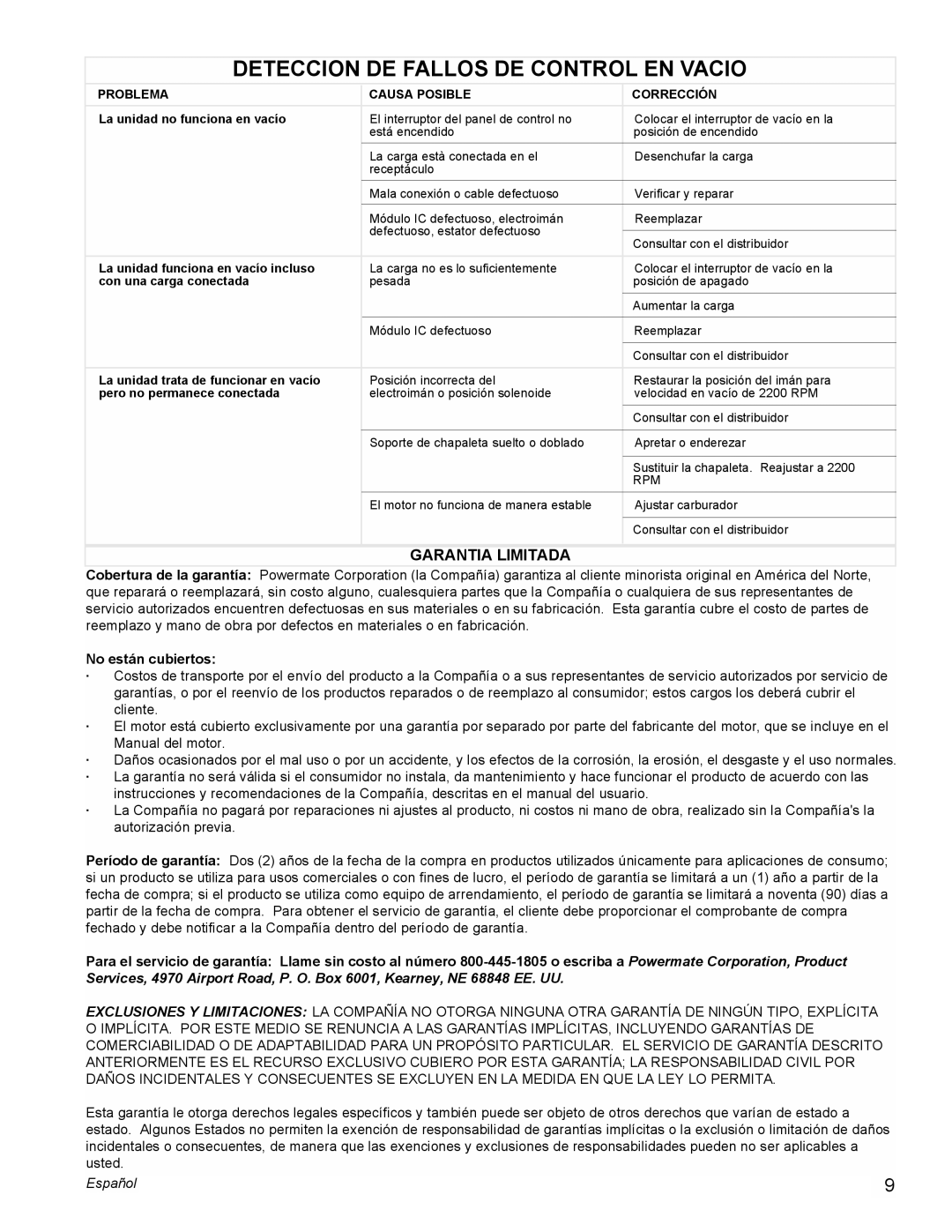 Powermate PMC605000 manual Deteccion DE Fallos DE Control EN Vacio, No están cubiertos 