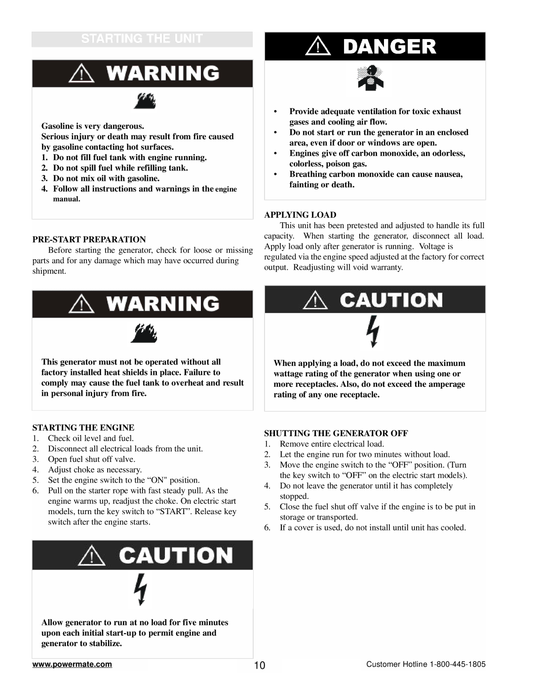 Powermate PMC645500 manual Starting the Unit, PRE-START Preparation, Starting the Engine, Applying Load 